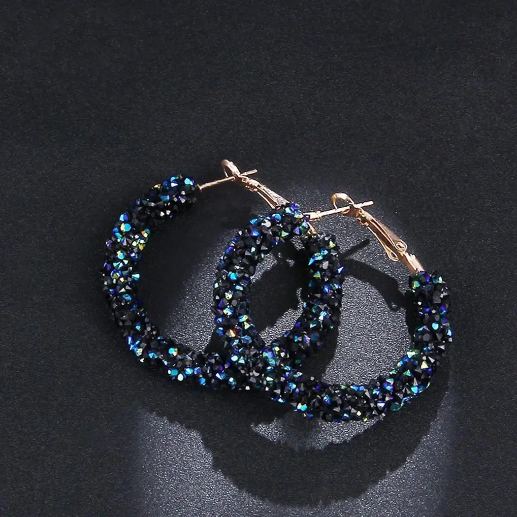 

Big Earrings Pierced Black 7cm Rhinestone Geometric Shiny Blue White Hasp 9inch Casual 1 Round Women 4