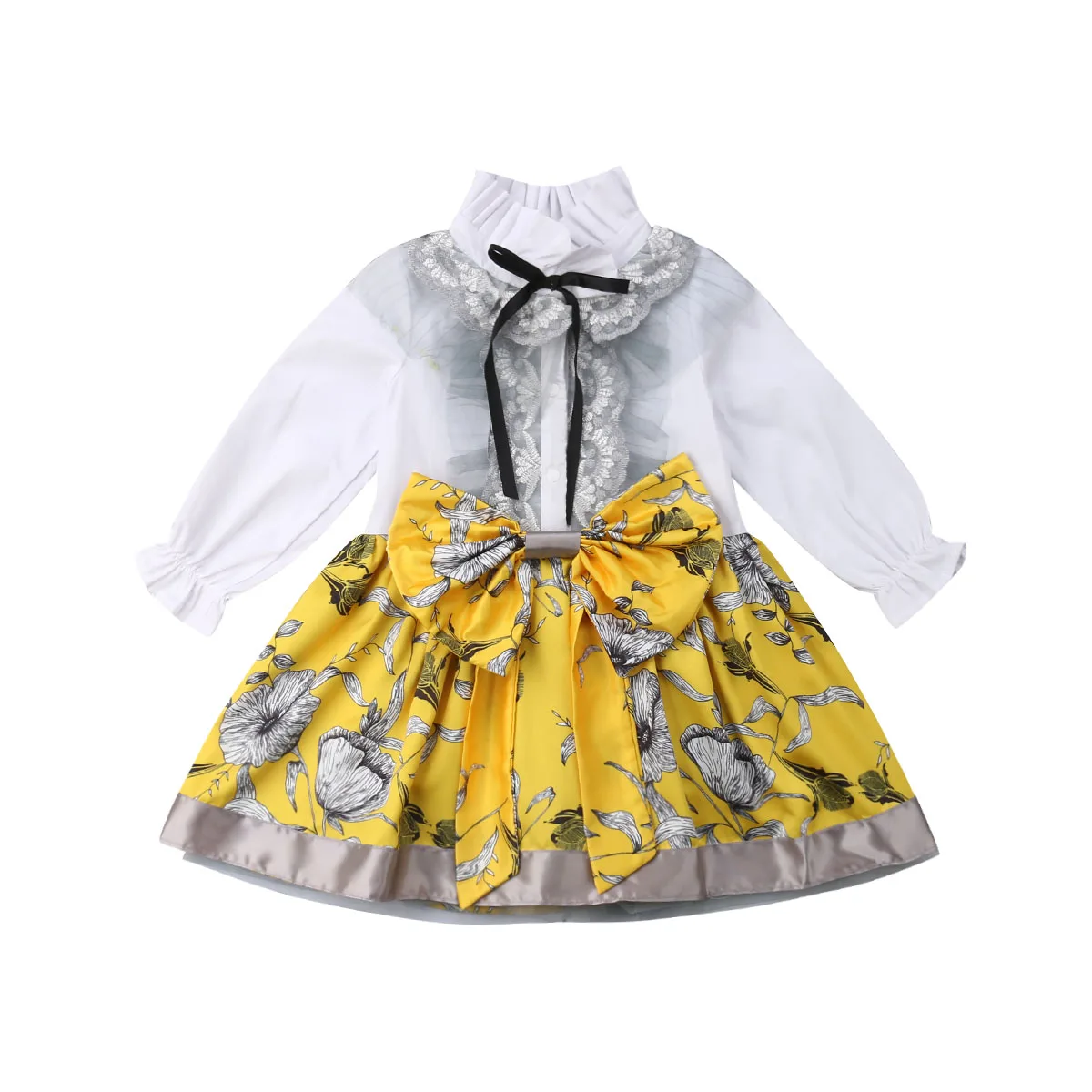 Кружевное платье принцессы для маленьких девочек, модная одежда с длинными рукавами и бантом, праздничная вечерние с цветочным принтом