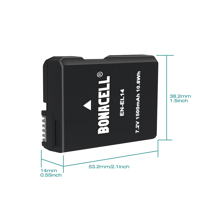 Bonacell 2 шт. для Nikon EN-EL14 1500 мА/ч, Перезаряжаемые батареи D3100 D3200 D3300 D5100 D5200 D5300 P7000 P7100 P7700 P7800 L50