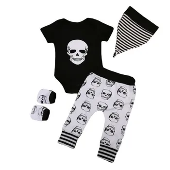 

0-18m 4pcs Baby Boys Clothes Set Skull Robot Pattern Baby Romper Long Pants Kids Hat Gloves Children Set Headband Baby Boys Set
