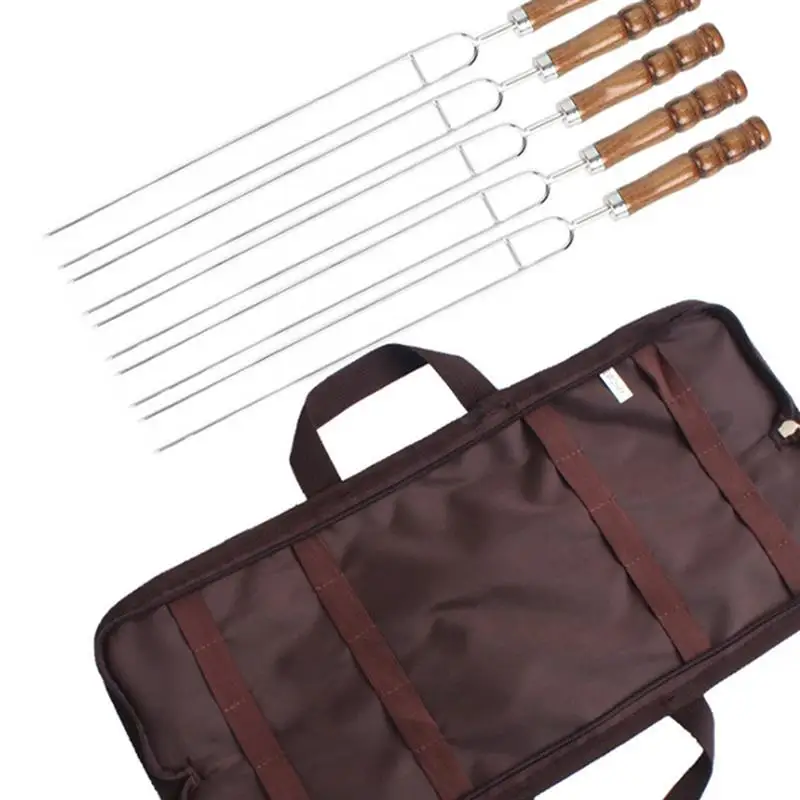 

5PCS Barbecue Skewers U-Shaped BBQ Forks Set Stainless Steel Wooden Handle Double BBQ Skewers Corn Barbecue Forks
