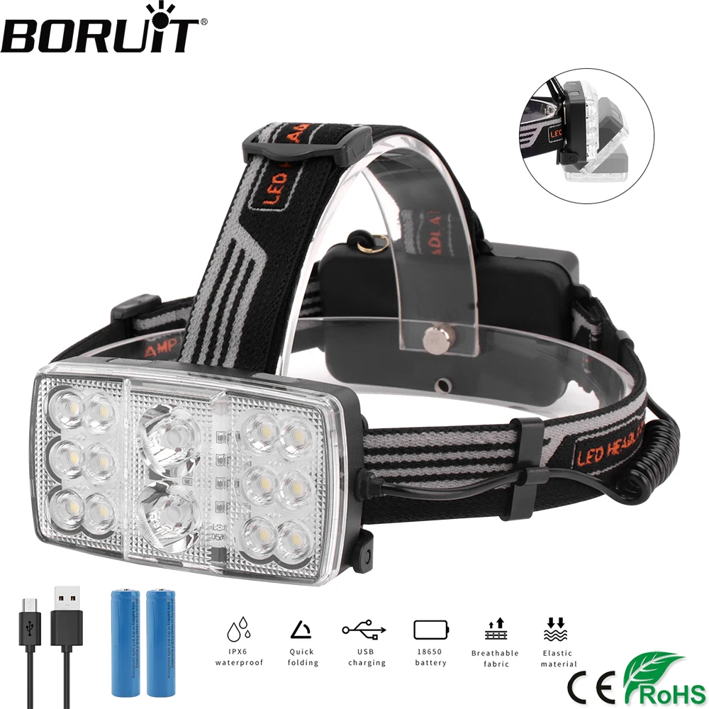 BORUiT XPE + 13 * COB светодиодный Мощный налобный фонарь 5000LM 11 режим фар Перезаряжаемые