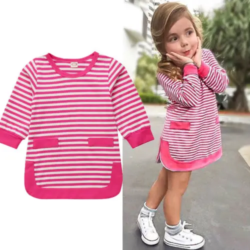 

US Toddler Kids Baby Girls Christmas Stripe Cotton Long Sleeve Princess Dresses