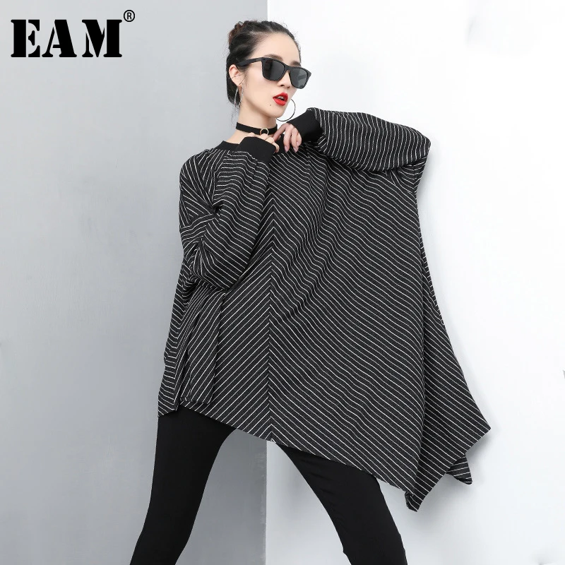 

[EAM] 2019 New Spring Summer Round Neck Long Sleeve Black Striped Irregular Hem Big Size T-shirt Women Fashion Tide JQ390