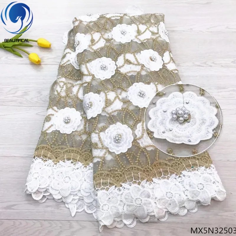 

Beautifical latest african laces 2018 guipure lace fabric french lace fabric white color with lot beads for dresses MX5N325