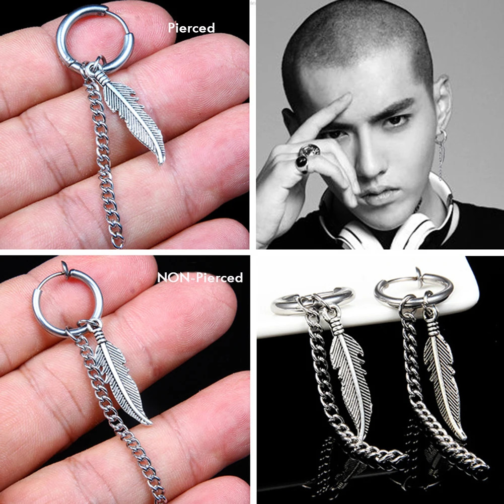 

1 pcs Korea Style Hip Hop Stud Earrings 2018 Fashion Leaf Stainless steel Feather Pendant Earrings jewelry for men and women