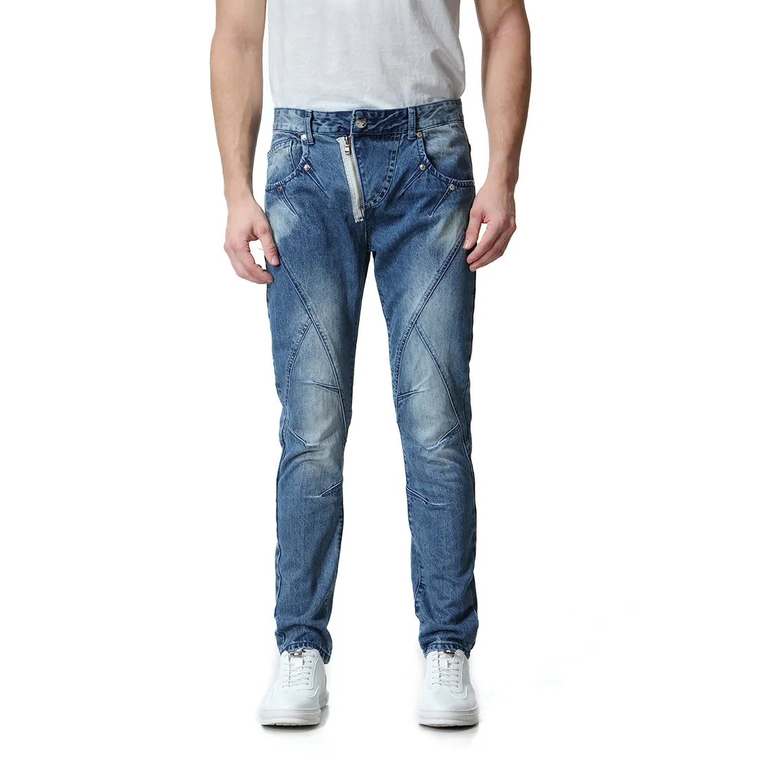 

2019 New Large Size Men's Jeans Washed White Denim Trousers Diagonal Zip Personality Pants Men's Bottoms