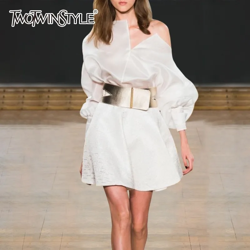 

TWOTWINSTYLE Sexy Off Shoulder V Neck Party Dresses Women Lantern Sleeve High Waist Asymmetrical Mini Dress Female Autumn 2019