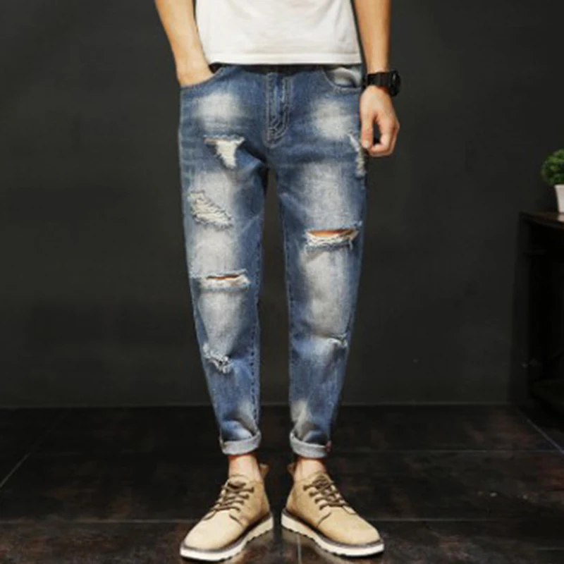 Большие размеры мужские джинсы свободные прямые брюки с дырками по щиколотку брюки средней талии повседневные потертые джинсы из хлопка и