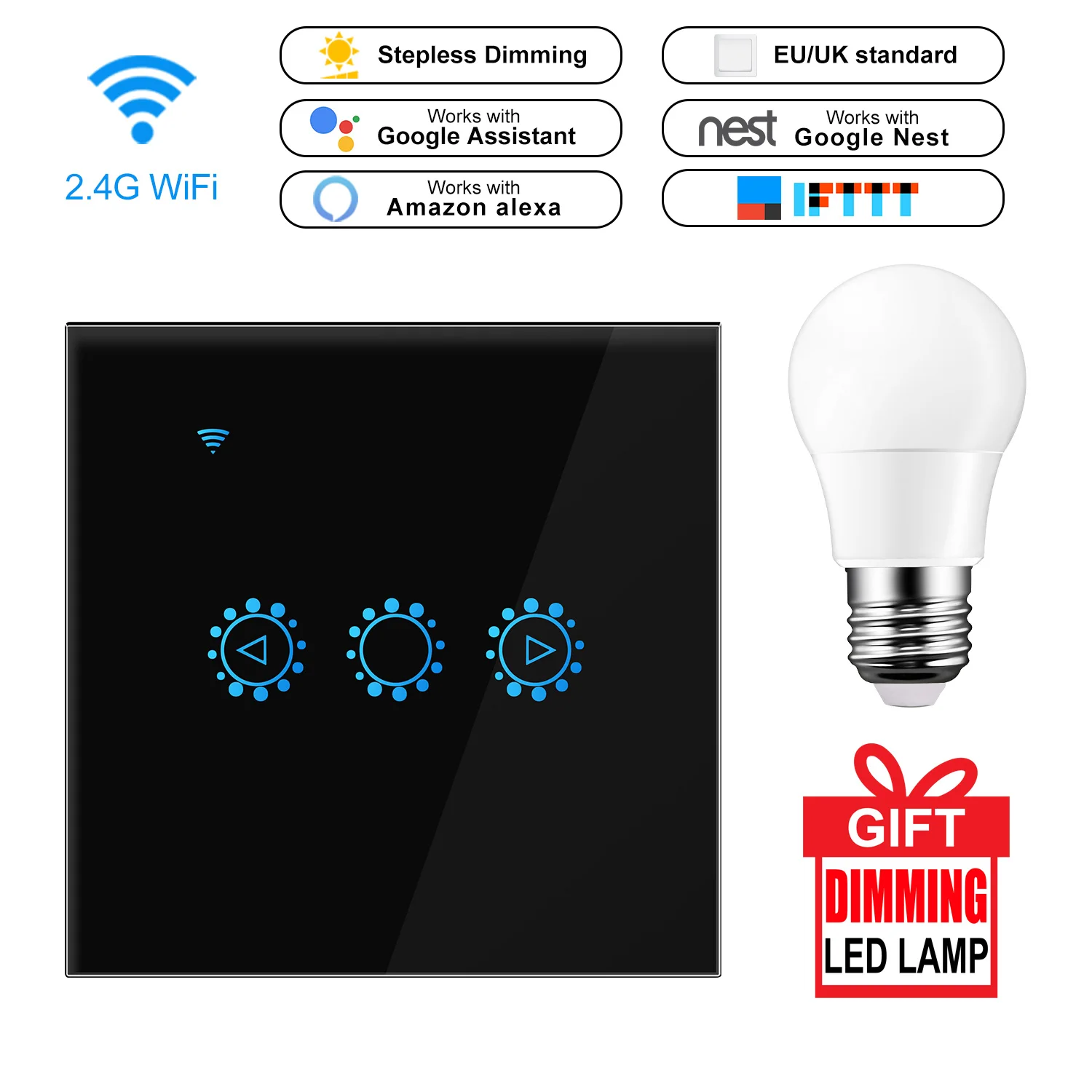 

Smart Light Stepless Dimmer US/EU Standard In Wall Touch Control WiFi Light Switch Work with Alexa Google Assistant