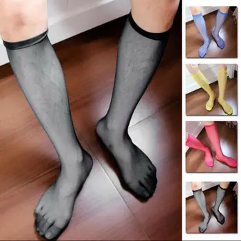 

Hirigin Men's Solid Nylon Silky Knee High Socks Perspective Mesh Stockings
