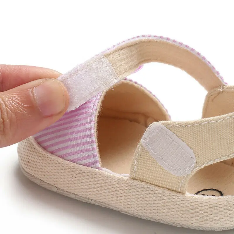 Summer Baby Girl Cute Bowknot Sandals Crib Shoes Striped Hook Baby Causal Soft Sole Shoes Outfit 0-18M