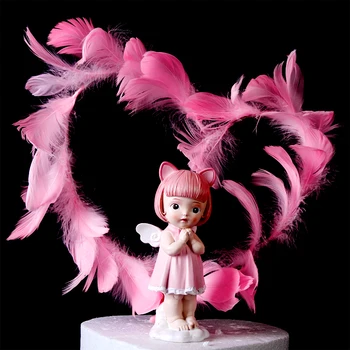 

Pink Feather Strip DIY Birthday Cake Topper Decorations Creative Cake Topper Picks Decor Supplies Heart Shape Cupcake Topper