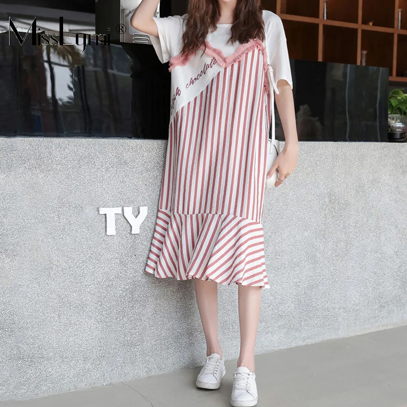 

XL-5XL Plus Size Striped Dress Women Clothes Summer 2019 Pleated Mesh Lace Patchwork Short Sleeve Loose Casual Ruffle Dresses