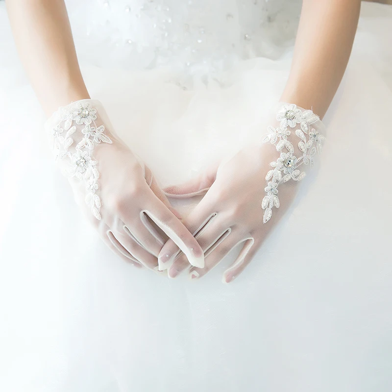

Simulated Pearl Applique Short Gloves Wedding Bridal Accessories Sheer Mesh Full Finger Glove Female Formal Evening Gloves