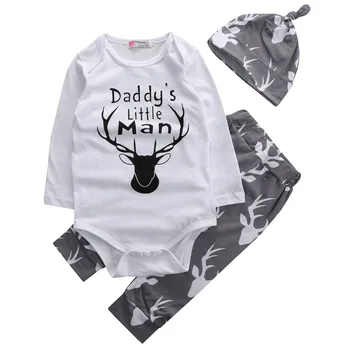 

Newborn Infants Baby Boys Girls 3pcs Clothes Set Deer Head Printing Bodysuit + Pants +Hat Cartoon Toddler Gray Outfits Set Kids
