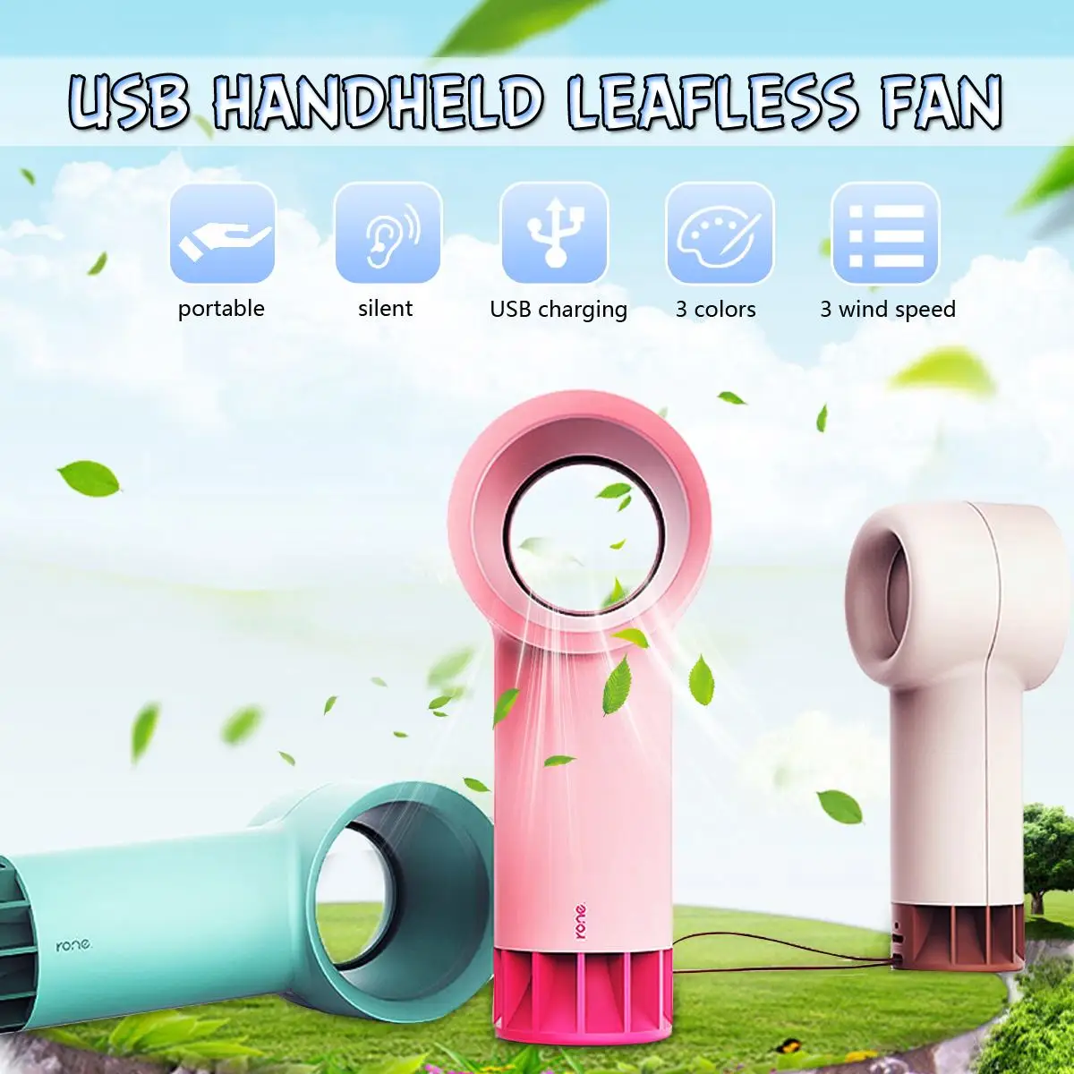 

Electric Bladeless Fan Portable Mini Leafless Fan Handheld 3 Speed Adjustable USB Rechargeable Air Cooling Fan Cordless Summer