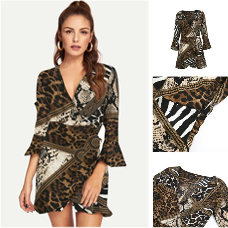 

Sexy Women's Floral Long Sleeve Leopard V-neck Summer Beach Party Dress Mini HOT
