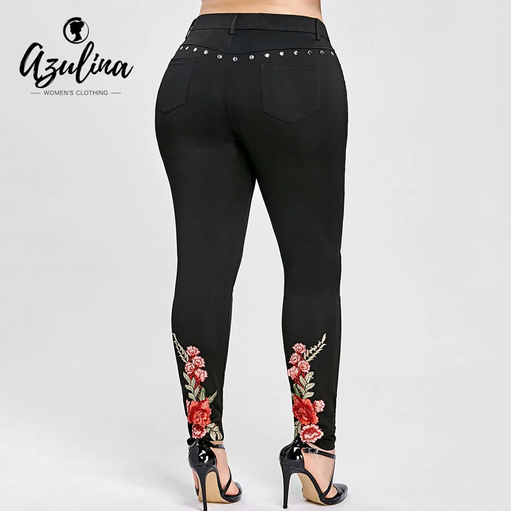 AZULINA Women Leggings Big Size Floral Embroidery Rivet