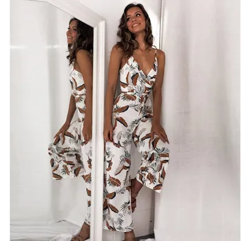 

Beach Bohemian Jumpsuits Women Spaghetti Strap Summer Jumpsuit Printed Casual Rompers Wide Leg Jumpsuit