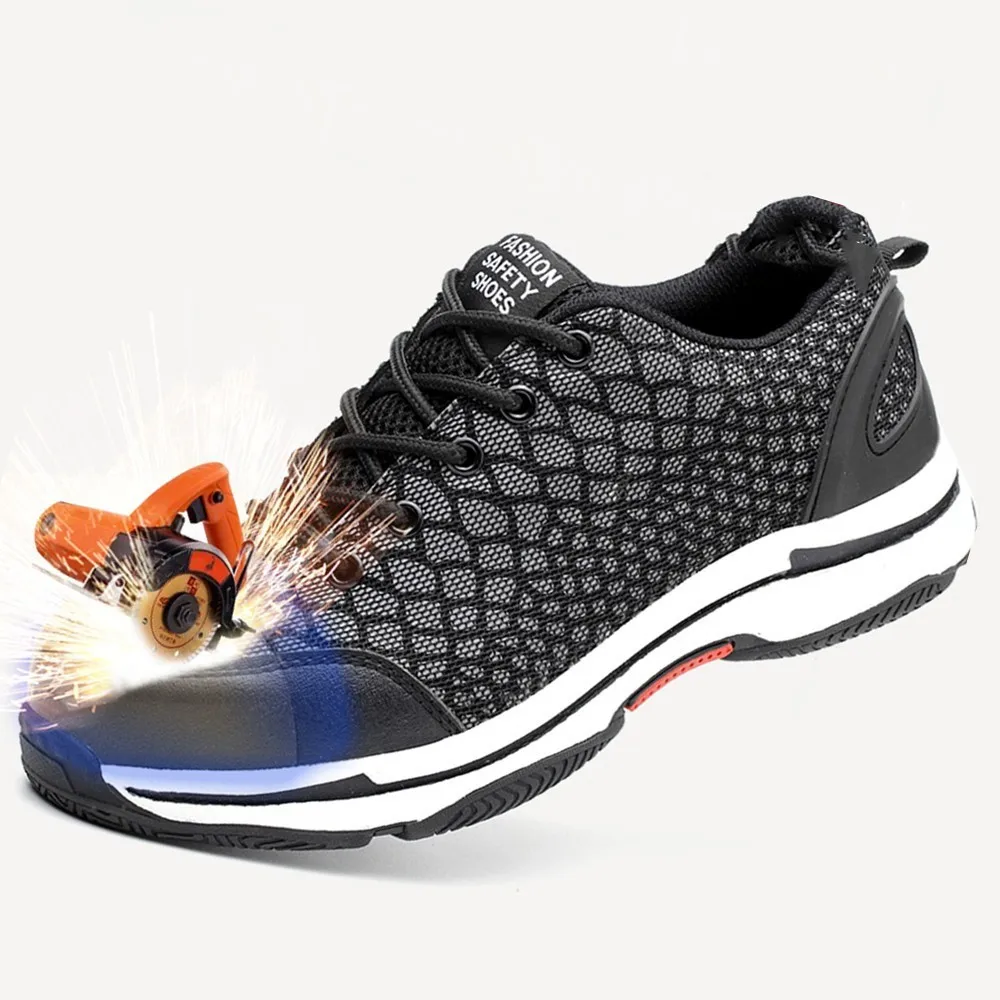 أسود أحذية العمل سلامة الرجال ، تنفس عاكس أحذية أمان للرجال الصلب اصبع القدم ، تنفس ضوء المطاط وحيد الذكور الأحذية.