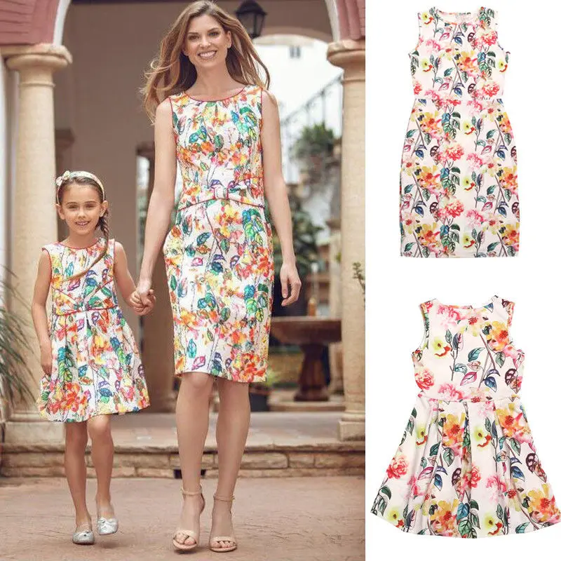 

2019 Mother Daughter Dresses Family Matching Outfits Floral Sleeveless Family Look Matching Clothes Mom And Daughter Dress