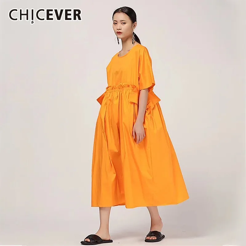 

CHICEVER Summer Casual Solid Women Dress O Neck Short Sleeve High Waist Draped Loose Plus A-line Mid Calf Dresses 2019 Fashion