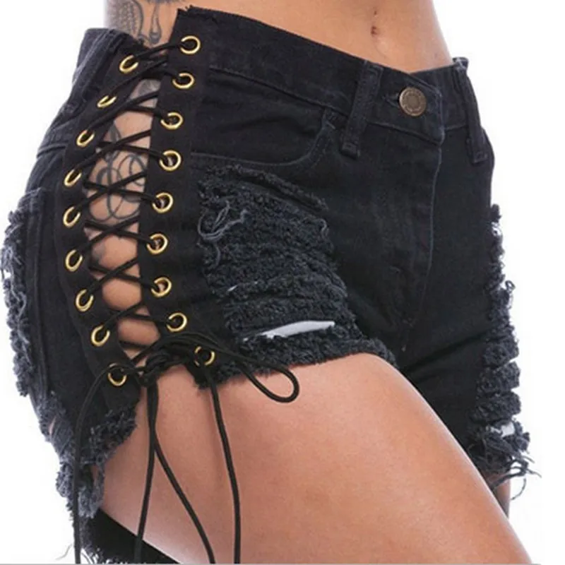 

XUXI New Summer Solid Lacing Women Denim Shorts Hole Short Girl Slim Sexy Bandage Jeans Shorts Female Ripped Short Pants FZ655