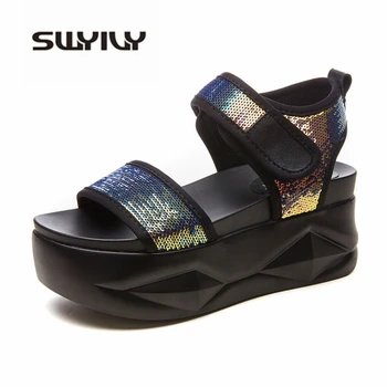 

SWYIVY Women Gladiator Sandals 2019 New Bing Summer Shoes Female Casual Shoes Beach Sandals For Woman Platform Sandals Sequins