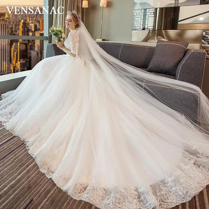 Vensanac 2018 Appliques Illusion O Neck Sequined Ball Gown Wedding