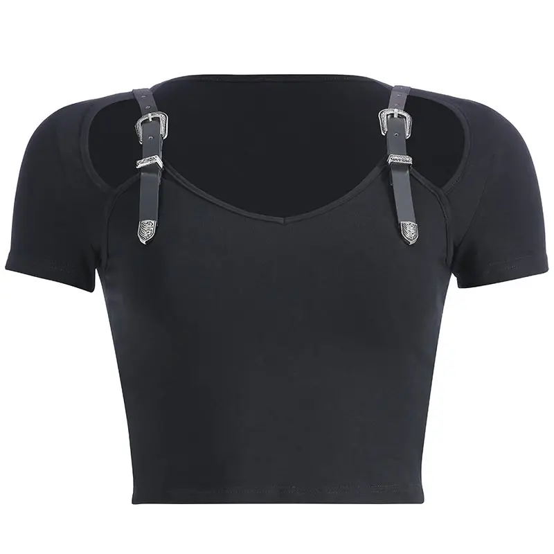 

Punk Sexy Cropped Tee Shirt Women Gothic Hollow Out PU Buckle Design Streetwear Black Summer Top New Fashion Fitness Casual Tees