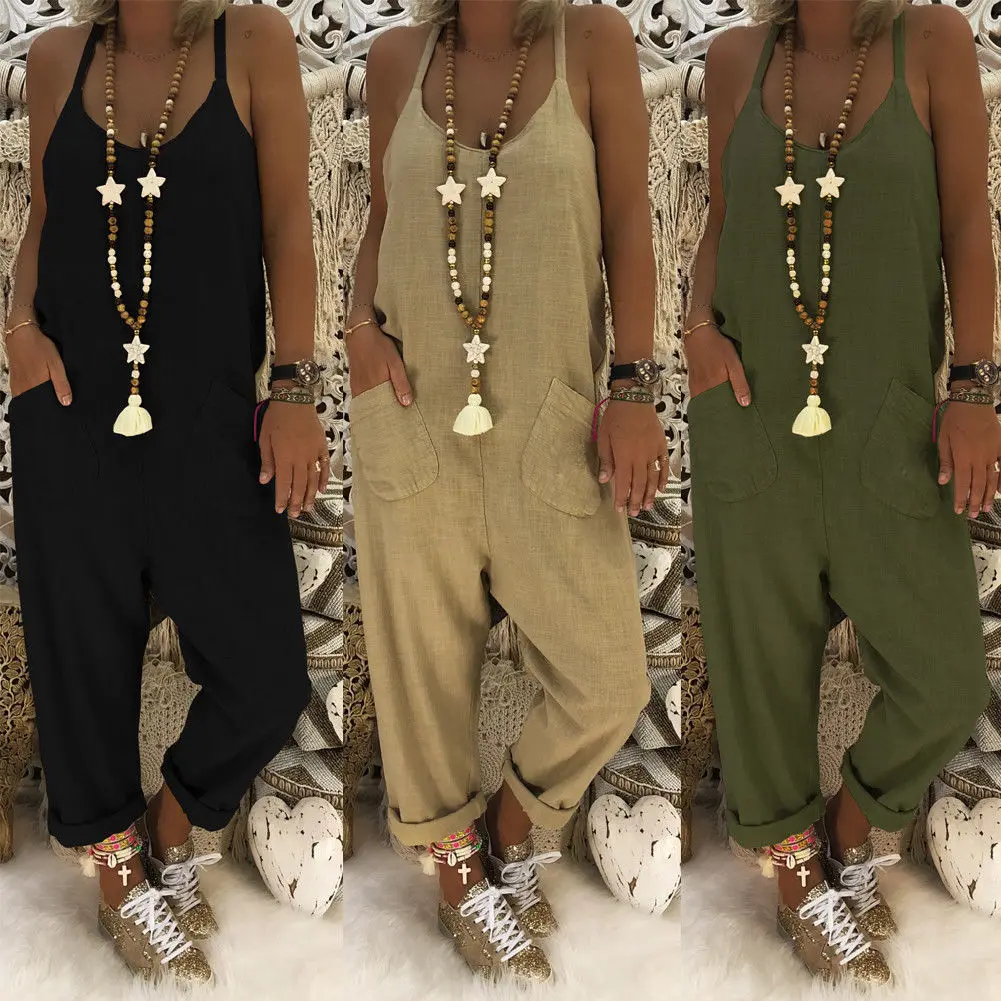 

Rompers 2018 New Women Strap Loose Jumpsuit Dungaree Ladies Pockets Causal Cotton Linen Overall Trouser Pants