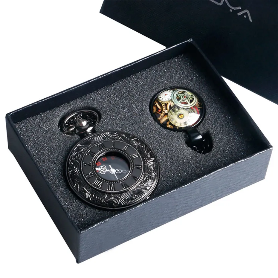 Black Roman Number Quartz Pocket Watch Wheel Necklace Clock Pendant Men