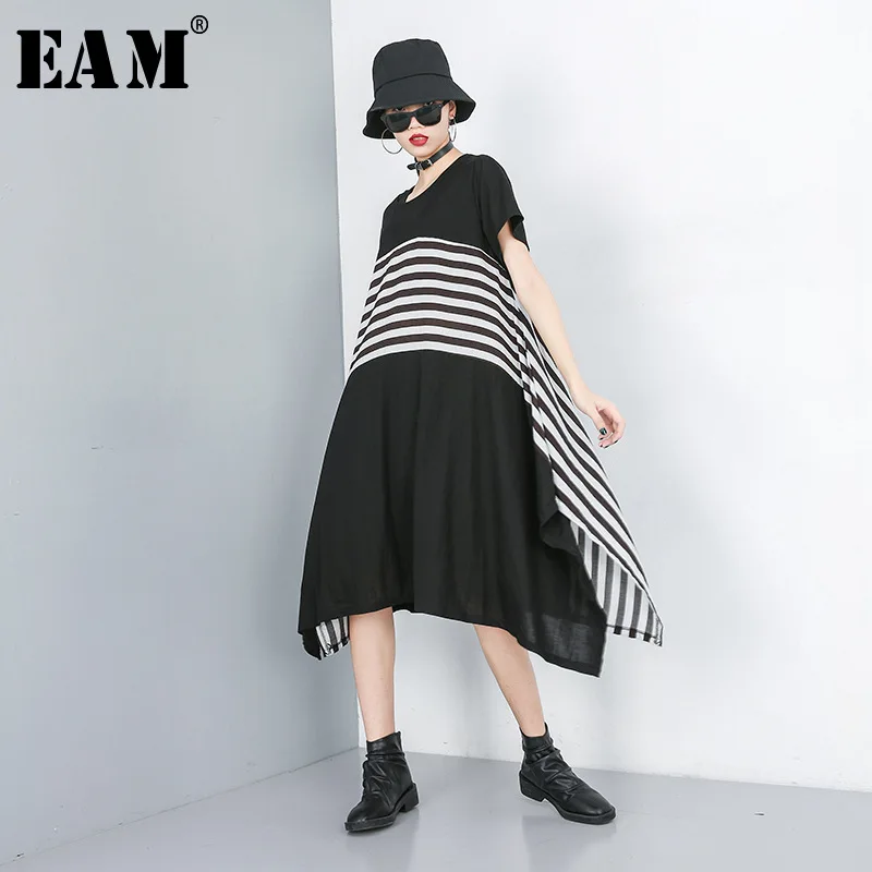 

[EAM] 2019 New Spring Summer Round Neck Short Sleeve Black Striped Irregular Hem Chiffon Dress Women Fashion Tide JS379