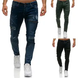 Высокое качество мужские однотонные супер узкие стрейч джинсовые штаны Байкер разрушенные потертые рваные джинсы молнии Декор джинсовые