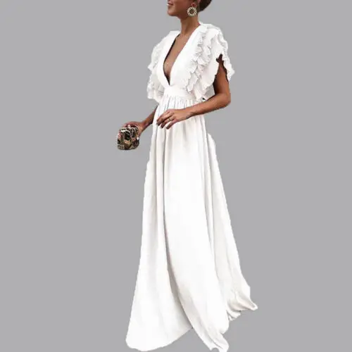 

2019 New Women Summer Deep V Maxi Dresses Ruffle Sleeveless Solid Beach Sundress Kafftan Ruffle Seaside Maxi Dress