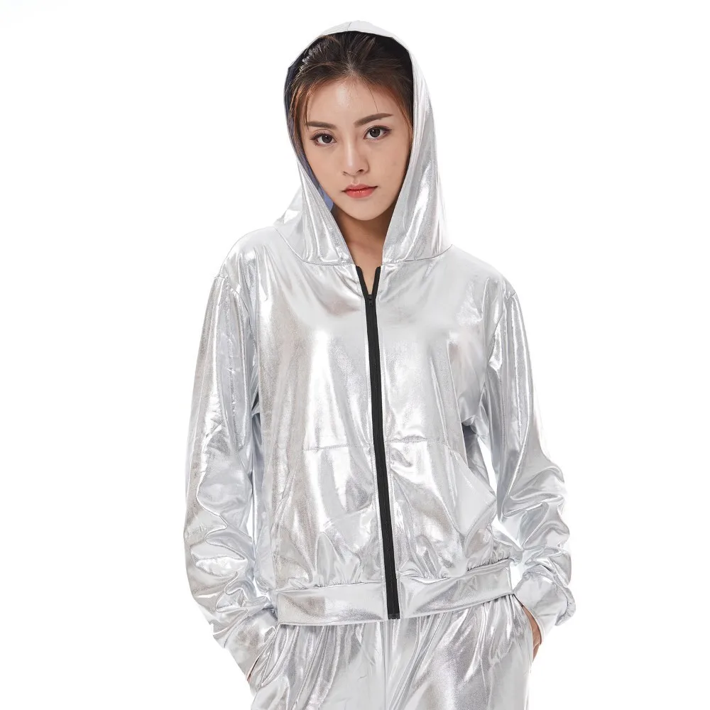 2018 جديد ربيع الخريف طفل Audlt منفذها جيوب سترة الفضة المرحلة الأداء شىء صغير براق الأنثوية Casaco الهيب هوب الرقص معطف