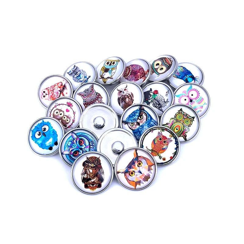 20pcs/lot 18mm 20mm Cartoon Owl Pattern Glass Cabochon Snap Buttons For