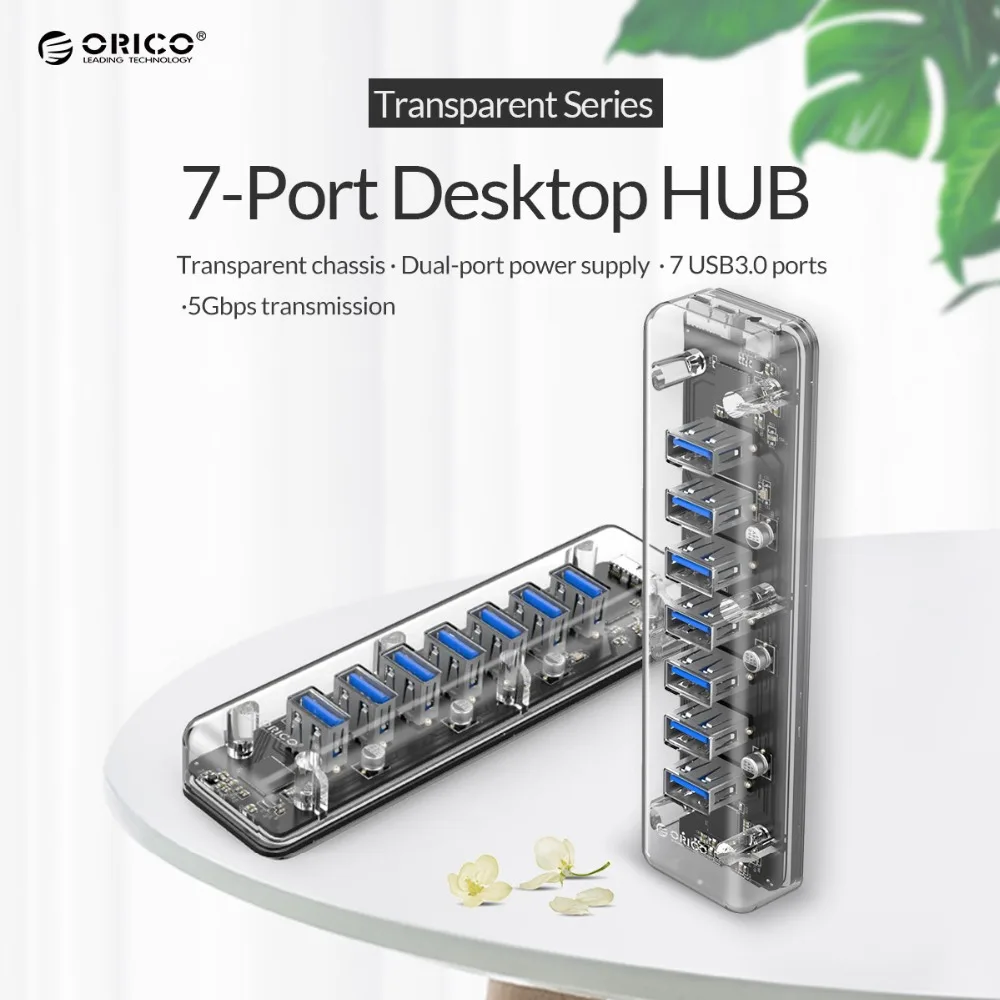 ORICO 7 портов USB3.0 прозрачный концентратор сплиттер с двойным Micro-USB порт питания 5 Гбит/с 3,0 usb-хаб поддержка Otg для Mac/Windows/Lin