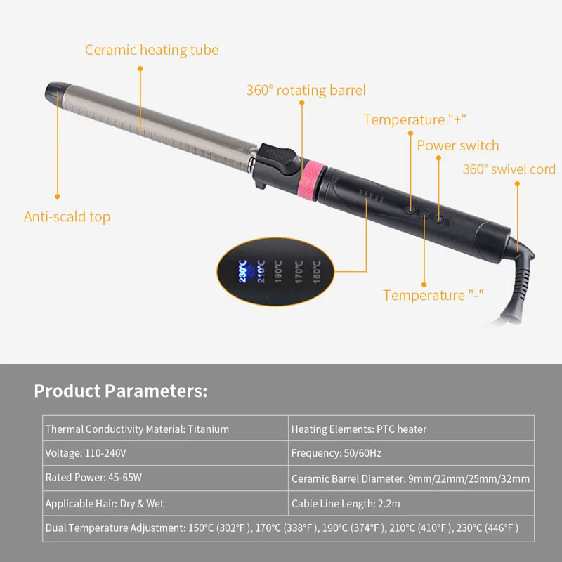 

Hair Curler Curling Wand Iron Rotatable Hair Styler Wet&Dry Tongs Curly Hair Styling Tools Temperature Adust 22Mm(Eu Plug)