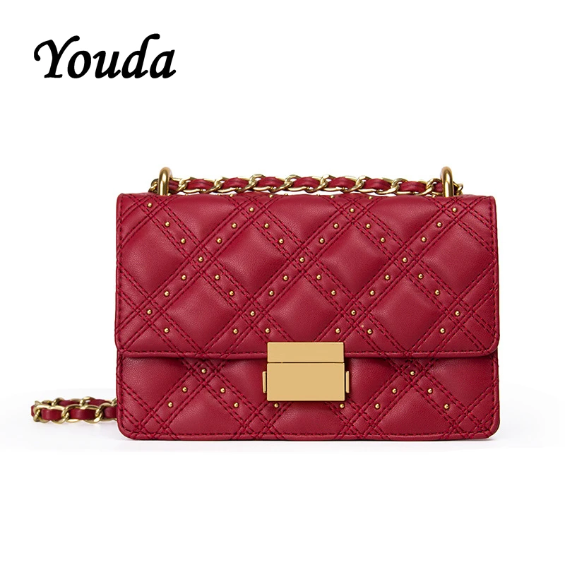

Youda Red Rivet Lingge Package Chain Handbag Ladies Versatile Shoulder Bag Messenger Bags Diamond Lattice Handbags