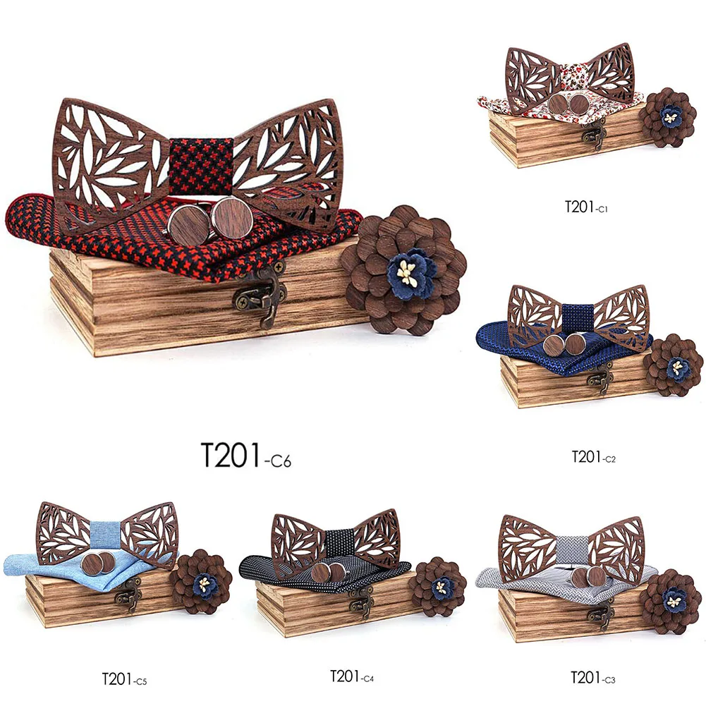  Men 4Pcs Neck Tie Set 2019 New Fashion Wooden Hot Sale Plaid Bowtie Wooden Hollow Carved Butterfly 