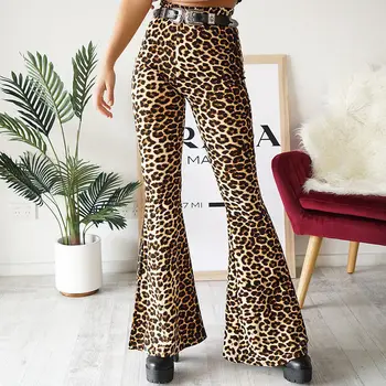 

Fashion High Waist Leopard Print Pants Women's Casual Wide Leg Flare Stretchy Long Trousers