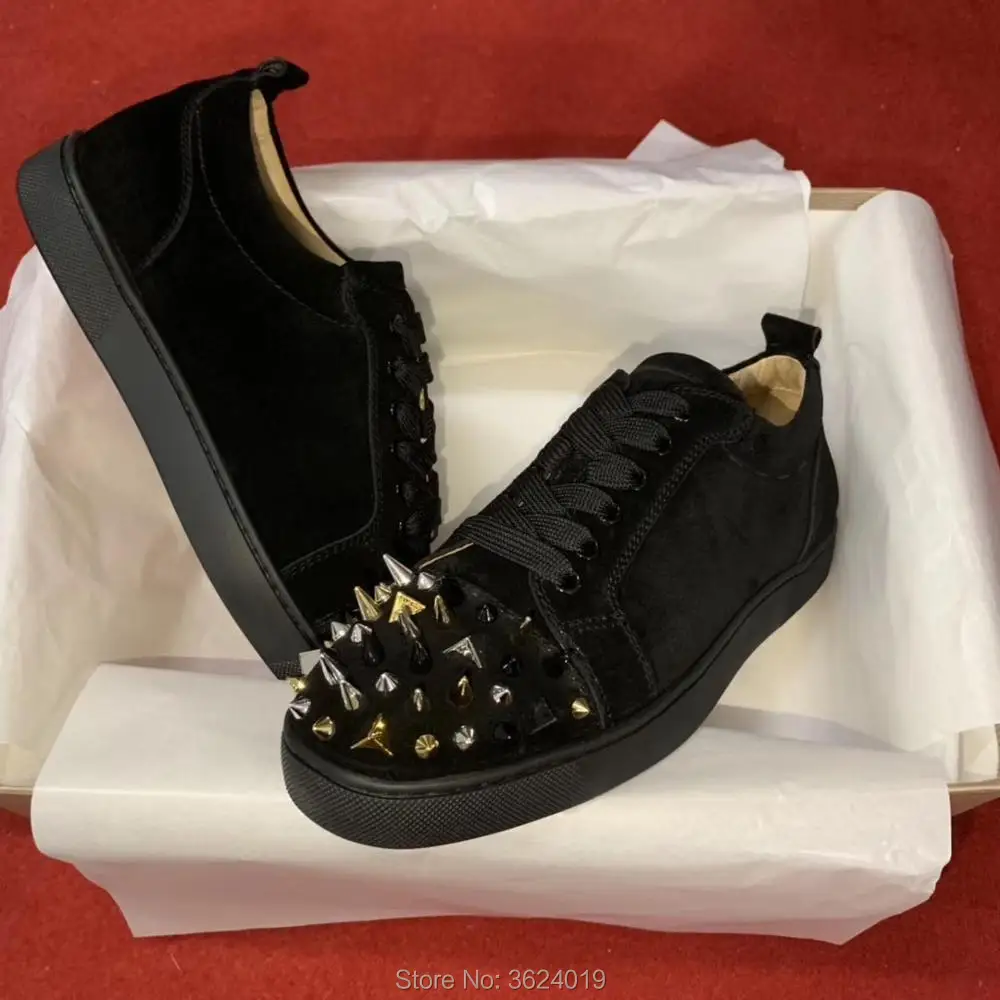 

cl andgz Black Lace up Messy Rivets Front Low Cut Fashion Red bottom Shoes For Men Sneakers Leather Loafers Footwear Autumn