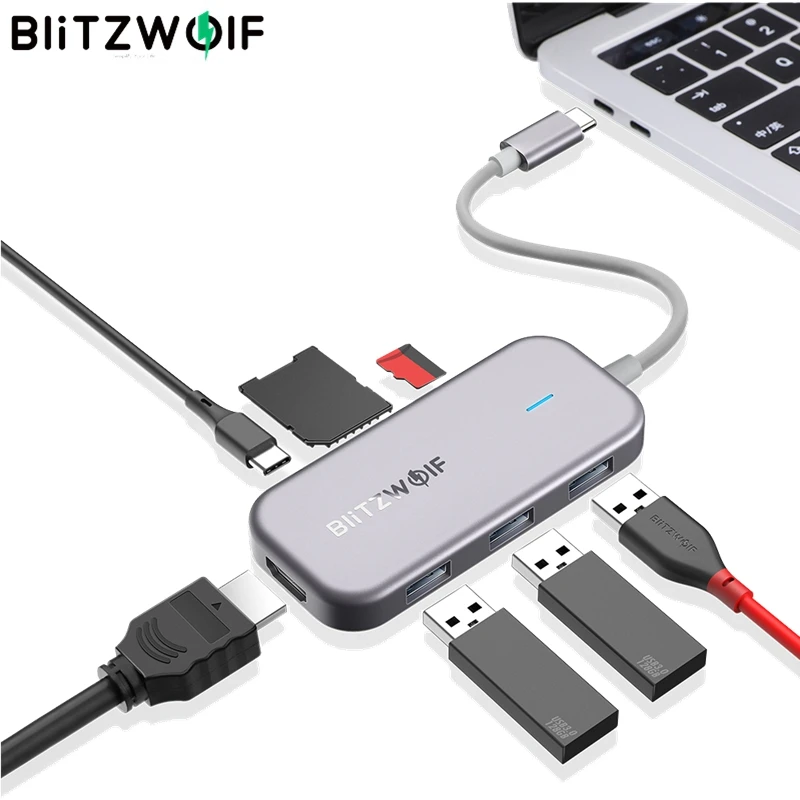 BlitzWolf BW-TH5 7 в 1 USB-C концентратор данных с 3 портами USB 3,0 TF кард-ридер USB-C PD Зарядка 4K дисплей для MacBooks для iPad