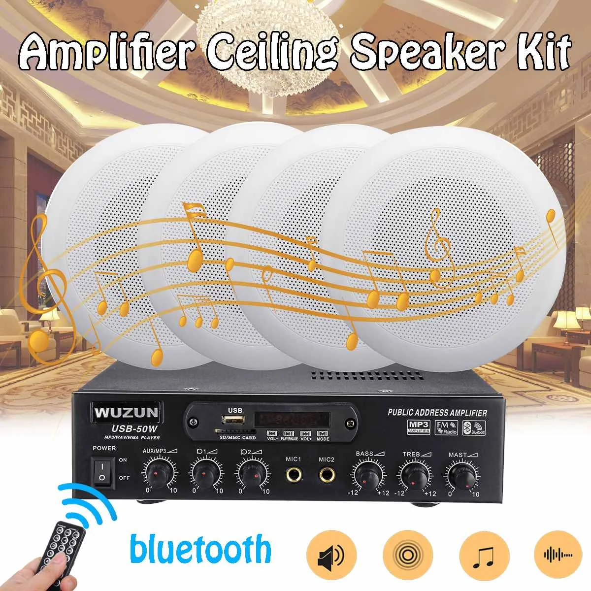 

12V/220V 50W HIFI Audio bluetooth Power Amplifier Car Stereo Subwoofer Home Theater Amplifier Ceiling Speaker System Kit W/ RC