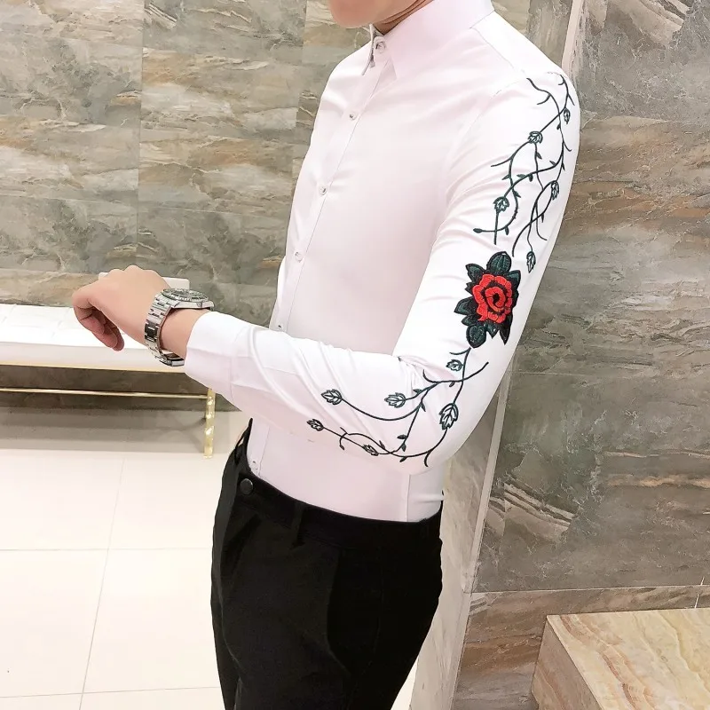 Camisa masculina мужская рубашка с длинными рукавами и цветочной вышивкой рубашка camisa Hombre одежда мужские вечерние Клубные свадебные рубашки