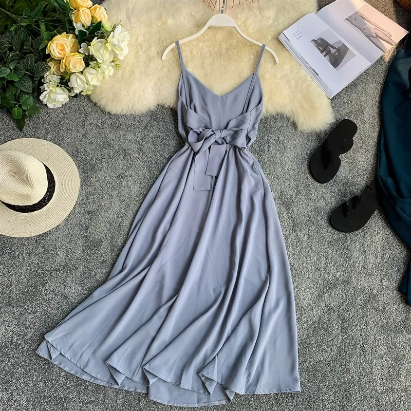 

6 Colors Sexy Backless Straps V-neck Maxi Dress Women Solid Color Tie Waist Long Dress Vestidos Summer Slim Beach Dress Sundress