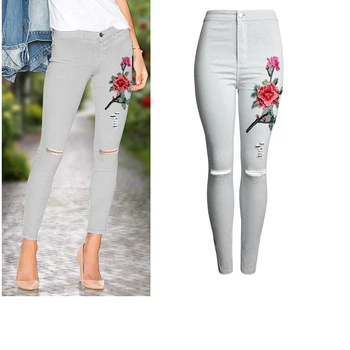 

Grey Floral Embroidered Jeans For Women High Waist Knee Hole Skinny Ripped Jeans Stretch Embroidery Jeans Woman Shaping Denim