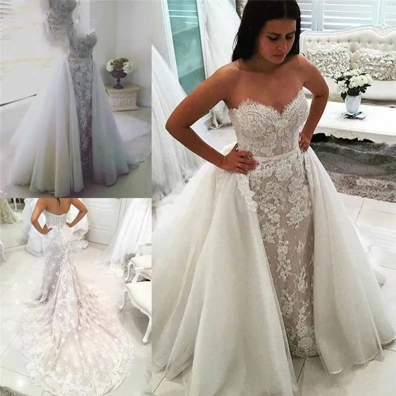 

Detachable Skirt Lace Tulle Romantic Vintage Sexy Long Wedding Dresses 2019 New Fashion Wedding Gowns Custom Made